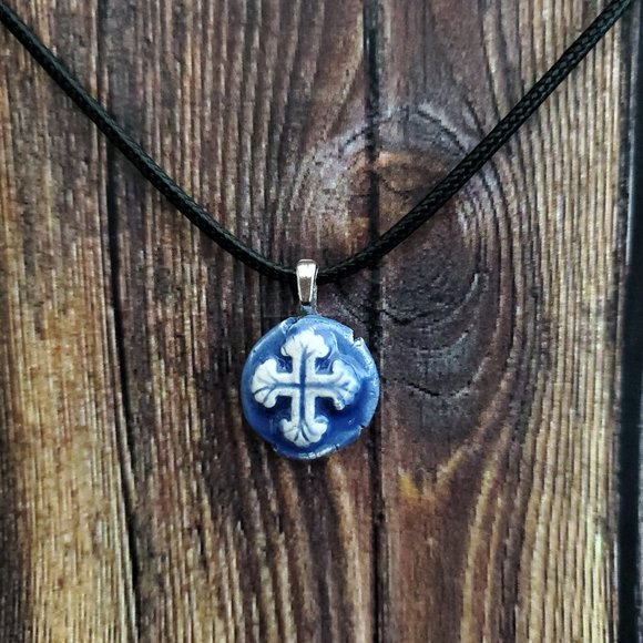 Handmade Ceramic Blue Fleur De Lis Cross Pendant Necklace - Picture 12 of 14